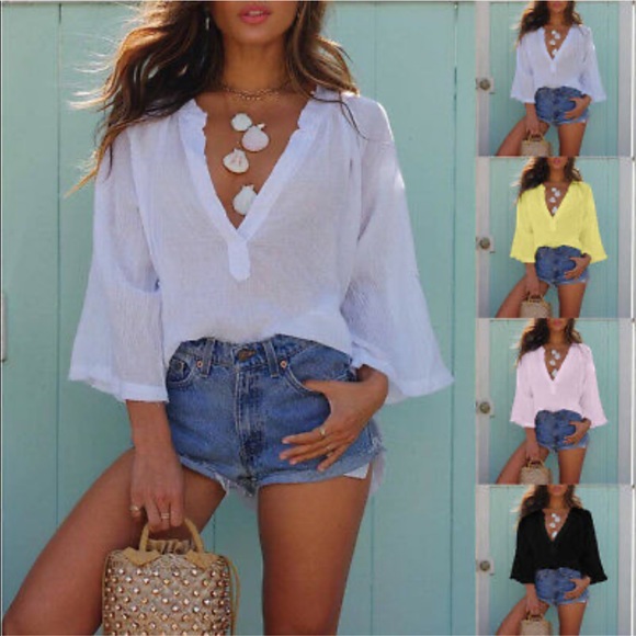 Tops - 🆕 White 3/4-Sleeve Low V-Neck Loose Blouse